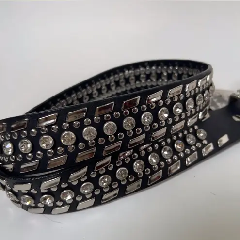 Nocona 2000s Grunge Black Silver Genuine Leather Chunky Festival Indie Hippie Rhinestone Studded Belt Large Buckle Size XL