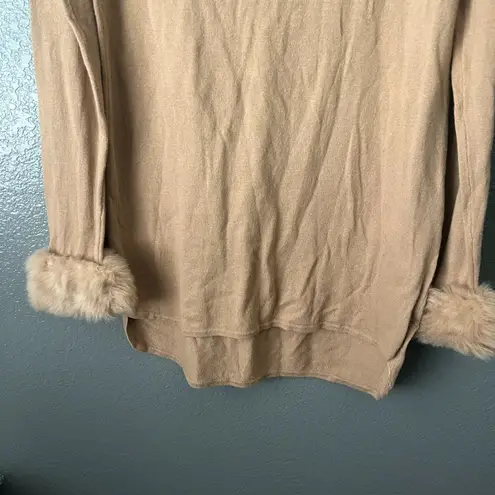 Tan Beige Knit Tunic Sweater Faux Fur Cuffs High