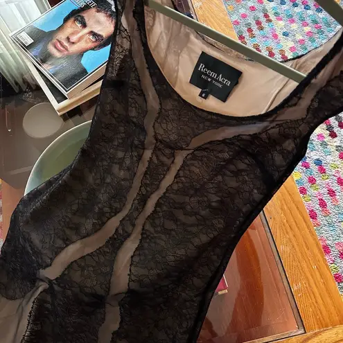 Reem Acra lace over silk cocktail dress sz 6 nude and black party dress