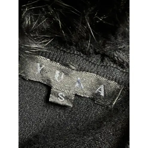 Yuka Vintage Faux Fur Trim Funnel Neck Knit Top Small Black