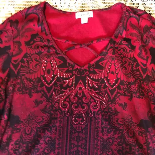 One World XL Red black Asymmetrical 3/4 Sleeve Dress shark bite