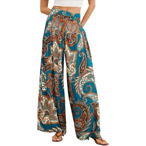 Farm Rio Leopard Paisley Printed Wide Leg Flowy Satin Pants Small Boho $198