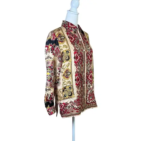 Dana Buchman Paisley 100% Silk Button-up Top Red Gold Festive VTG Sz 6 Petite