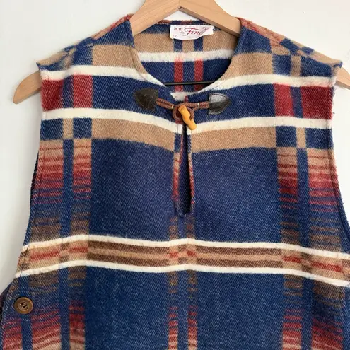Vintage 70s M.H. Fine Co Wool Plaid Blanket Vest Smock Camp Lodgewear Toggle S Blue