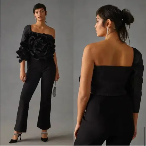 Anthropologie  Let Me‎ Be 3D Rosette One Shoulder Top Black Size Medium - Image 6