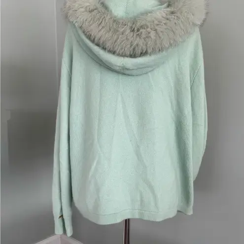 St. John Vintage/Rare Mint Green Cashmere Hooded Cardigan With Fox Fur Trim sz L - Image 4