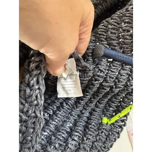 J.Crew Gray Woven Straw Tote Bag with Neon Green Trim Summer Beach