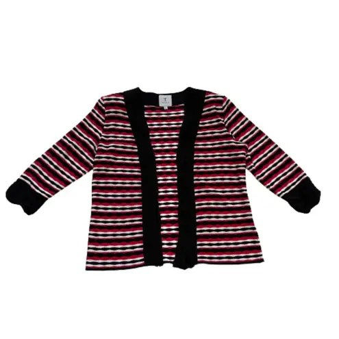 Toula Cardigan Sweater Black Red White Ruched 3/4 Sleeve Open Front Large