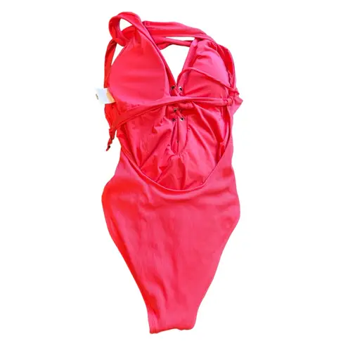 Becca Modern Edge One Piece Swimsuit Plunge Neck Criss Cross Medium Pink Neon