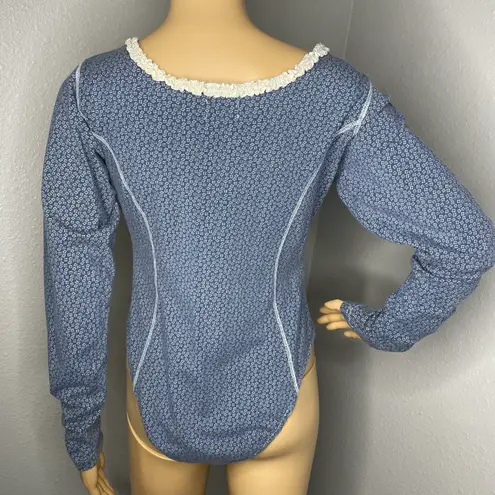 Pepe Jeans Vintage Bodysuit Floral Blue Cream Corset and Lace Detail Size Large