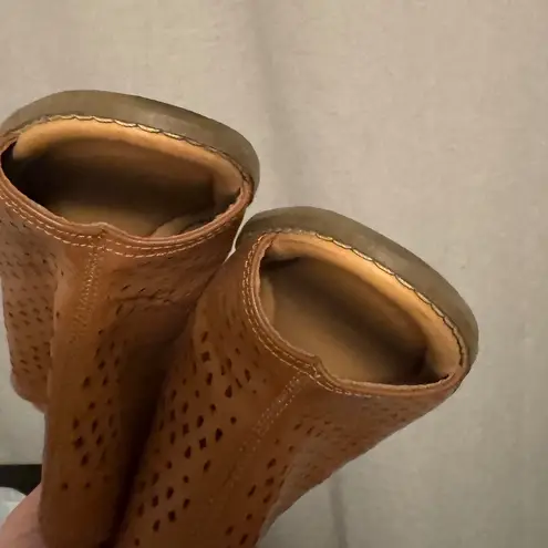 Dr Scholls sz 8.5 Womens Brown Cut Out Leather Open Toe Slip On Heels Chic Comfy