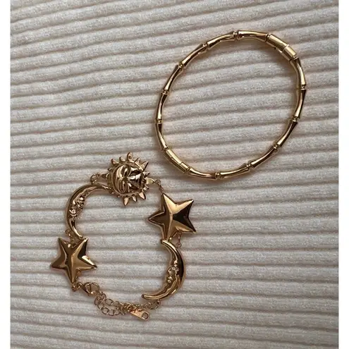 Gold Sun Moon Star Charm Bracelet + Bamboo Bangle Bundle Stainless Steel NWT