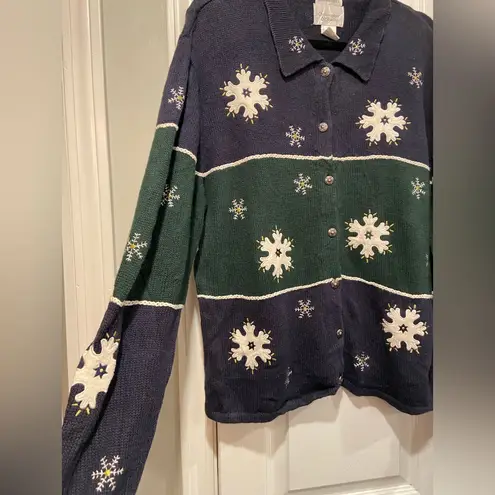 Christopher & Banks VTG Size XL Snowflake Sweater Hand Embroidered Button Front