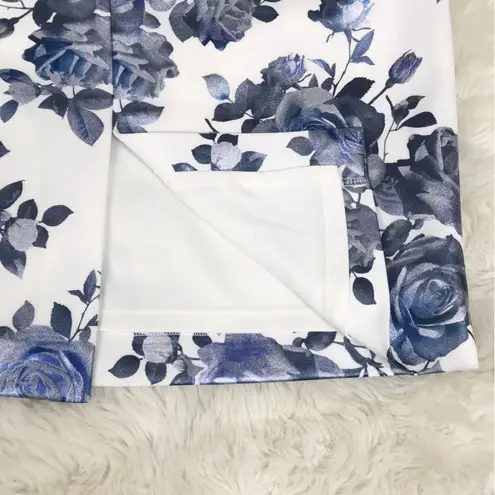 Eliza J Blue Floral Print One Shoulder Sheath Dress Metallic Ruffle Size 6 New