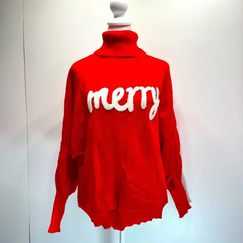 Christmas Holiday Fuzzy Merry Appliqué Red Turtleneck Sweater Size XL