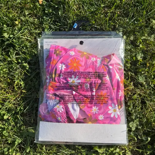 Party City NIB 60's Costume Kit Pink Floral Halter Top&Bell Bottom Pants Adult L/XL