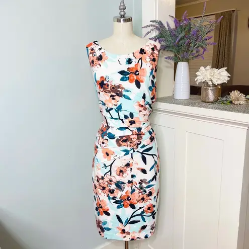 Ivanka Trump Floral Starburst Scuba Sheath Dress Orange Coral White 12 Large