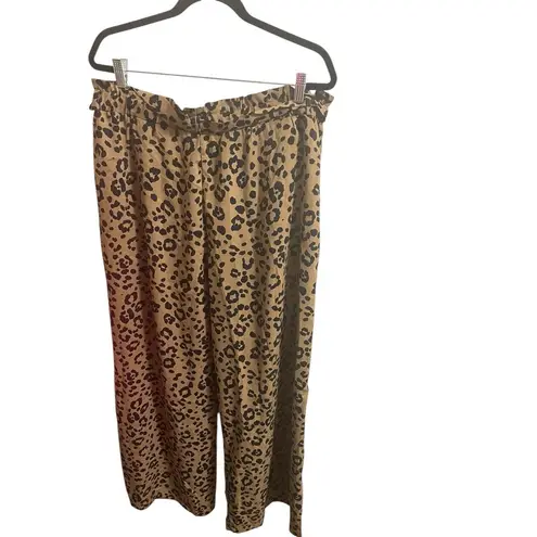 Mittoshop Wide Leg Pants Womens Plus 2X Tan Leopard Print Belted