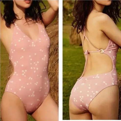 WET Swimwear LA Rose Stars One Piece Back Tie Swimsuit Pink & White Size Small