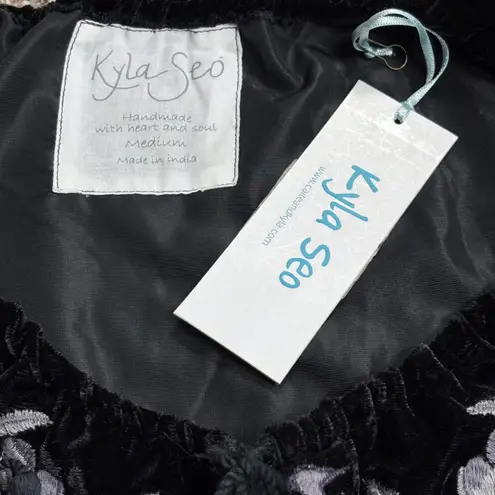Kyla Seo Maci Blouse Top Black Velvet Embroidered Tassel Boho M Peasant NWT Size M