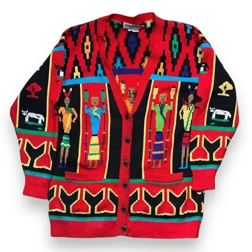 Vintage Jack B. Quick Red Black Tribal Graphic Knit Oversized Cardigan Sweater
