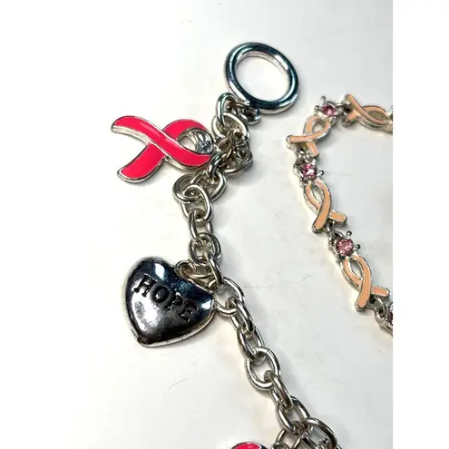 Breast Cancer Awareness Pink Ribbon Jewelry Set W/ Bracelet & Pin Silver & Pink