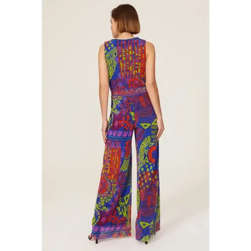 FUZZI Blue Green Printed Mesh Sleeveless V