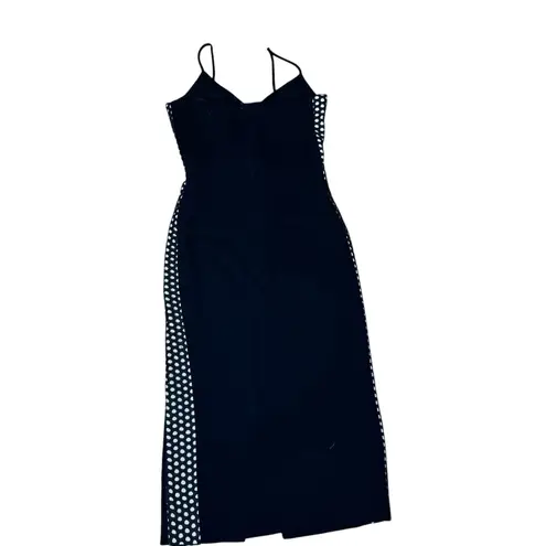 David Koma Black Wool Cutout Side Panel Midi Cocktail Dress Slit Strappy Size 10