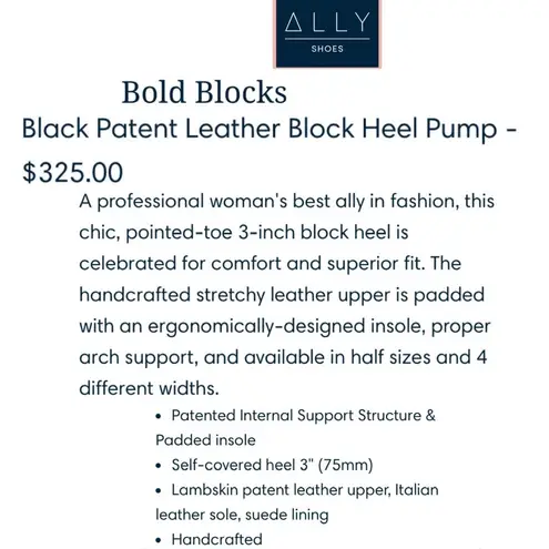 ALLY Shoes Bold Blocks Black Patent Leather Block Heel Pointy Pumps 41.5 9.5