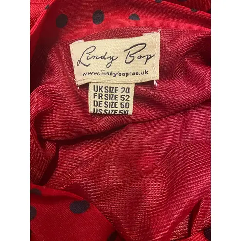 Lindy Bop Red Black Polka Dot Ruched Fit & Flare Dress Bow Shoulder Size US 20