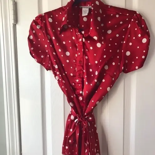 Dress Barn Red Polka Dot Blouse with Tie at Waist Sz M