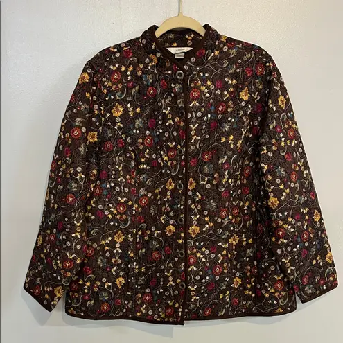 CJ Banks Quilted Floral Jacket Womens 1X Boho Embroidered Tapestry Style Coat Brown