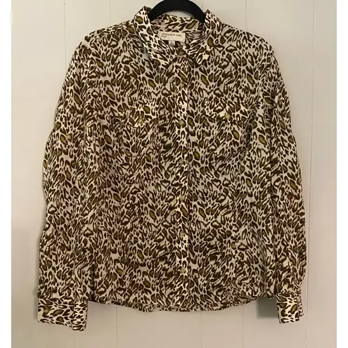 Jones New York Sport Animal Print Long Sleeve Button Up Roll Tab Blouse XL Brown