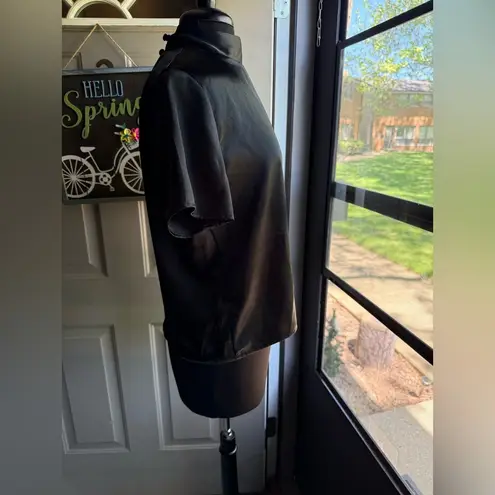 Vintage Notations black silky mock neck short sleeve plaid button blouse, size 8