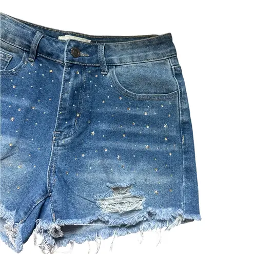Denim High Rise Shorts Sz 5 Cotton Blend Studded Ripped Frayed Hem Bohemian Blue
