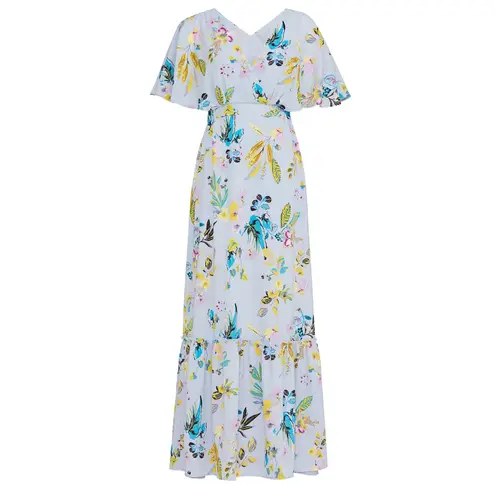 Slate + Willow Blue Floral Dolman Flutter Sleeve V-Neck Loose Fit Maxi Dress M