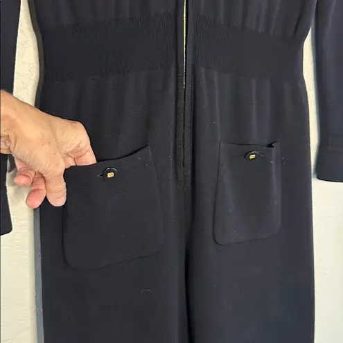 Vintage Rena Lange Navy Blue Jumpsuit Classic Logo Gold Buttons Zip Up Size 40 Size M