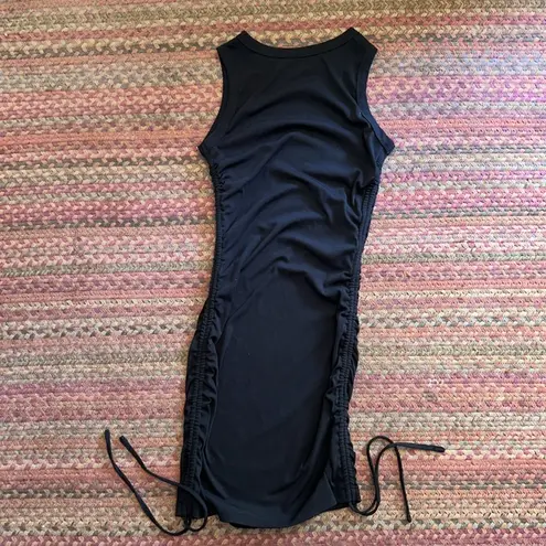 BLACK BASIC RIBBED RUCHED TIE BOTTOM TANK DRESS