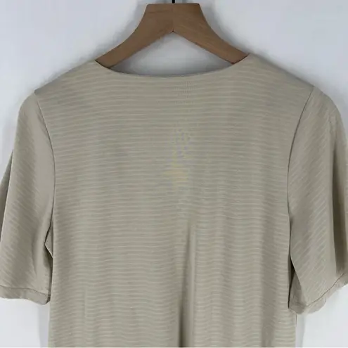 Lee Suy R&D Stretch Tan White Striped Flutter Sleeves Sleeve Pleated Front Top Size M