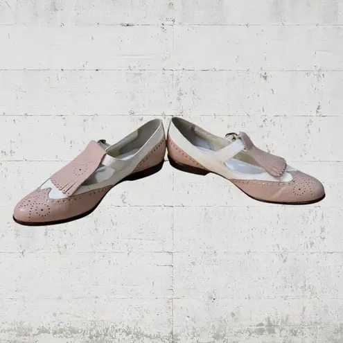 90s Vintage White Mauve Pink Kiltie Wingtip Leather Mary Jane Loafers Size 6.5