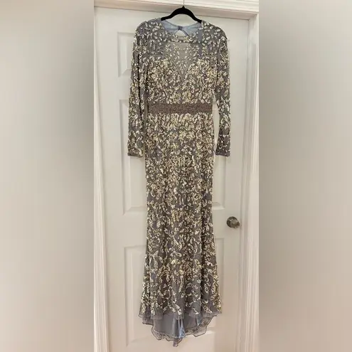 Mac Duggal 4316D Long Sleeve Beaded Formal Black Tie Evening Gown Platinum Gold