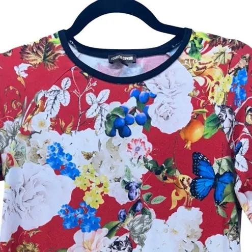 Roberto Cavalli Dress Size M Mini Y2K Boho Floral Butterfly Lemon Persimmon