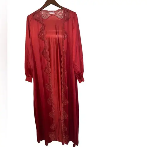 Vintage Brick Red Maxi lingerie lace long sleeve robe duster nightgown kimono Size L