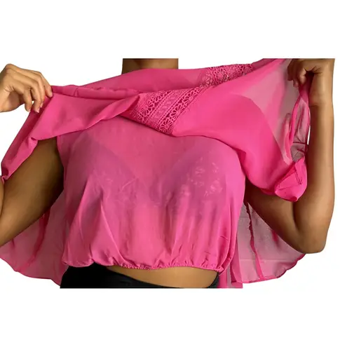 Love by Design Pink Sheer Cape Top Crochet Trim Flowy Blouse Cover Up Cropped XL