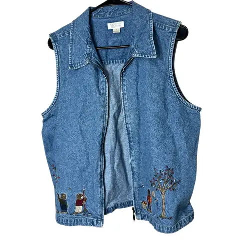 Christopher & Banks Vintage Denim Zipper Vest Bear Bees Embroidery Medium