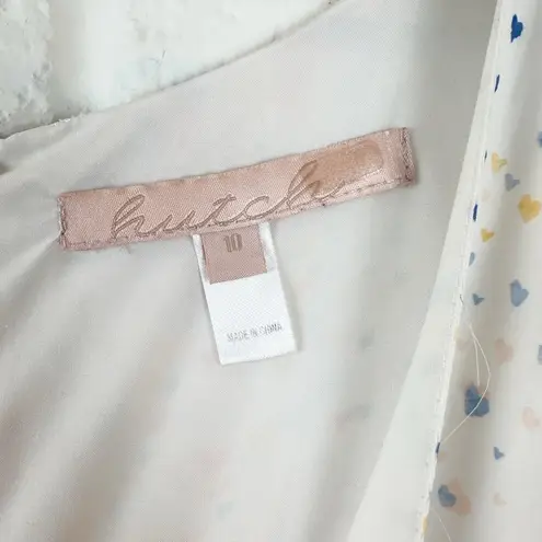 Hutch Multi Color Heart Maxi Dress White Satin Hi Low short sleeves V-neck 10