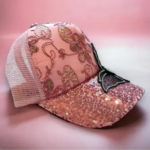 Butterfly Beaded Retro Floral Sequined Rhinestone Y2K Statement Trucker Hat Pink