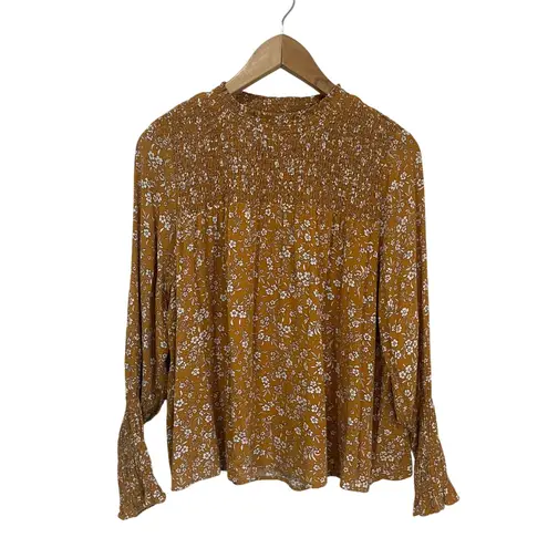THML Mustard Smocked Floral Blouse Ruffle Sleeve Boho Chic Top Size Medium