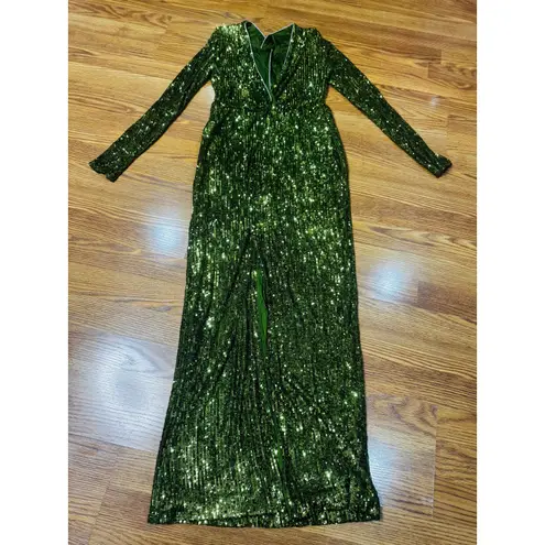 Dundas Olive Green Sequin Keyhole Plunge Evening Gown Size 38 Long Formal Dress