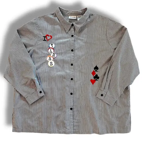 Blair I LOVE BINGO Lucky Shirt - Black White Stripe Collar Button Down 3XL Plus - Image 1